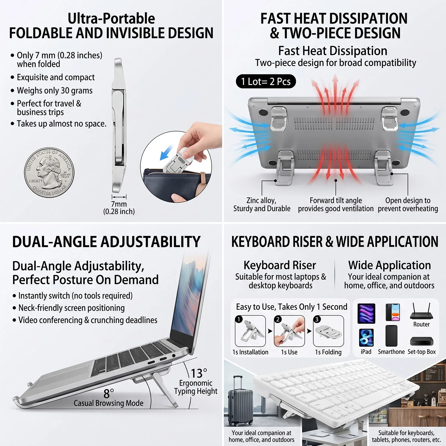Mini Aluminum Laptop Stand 2 Adjustable Height Portable Foldable Notebook Riser Ergonomic Cooling Support