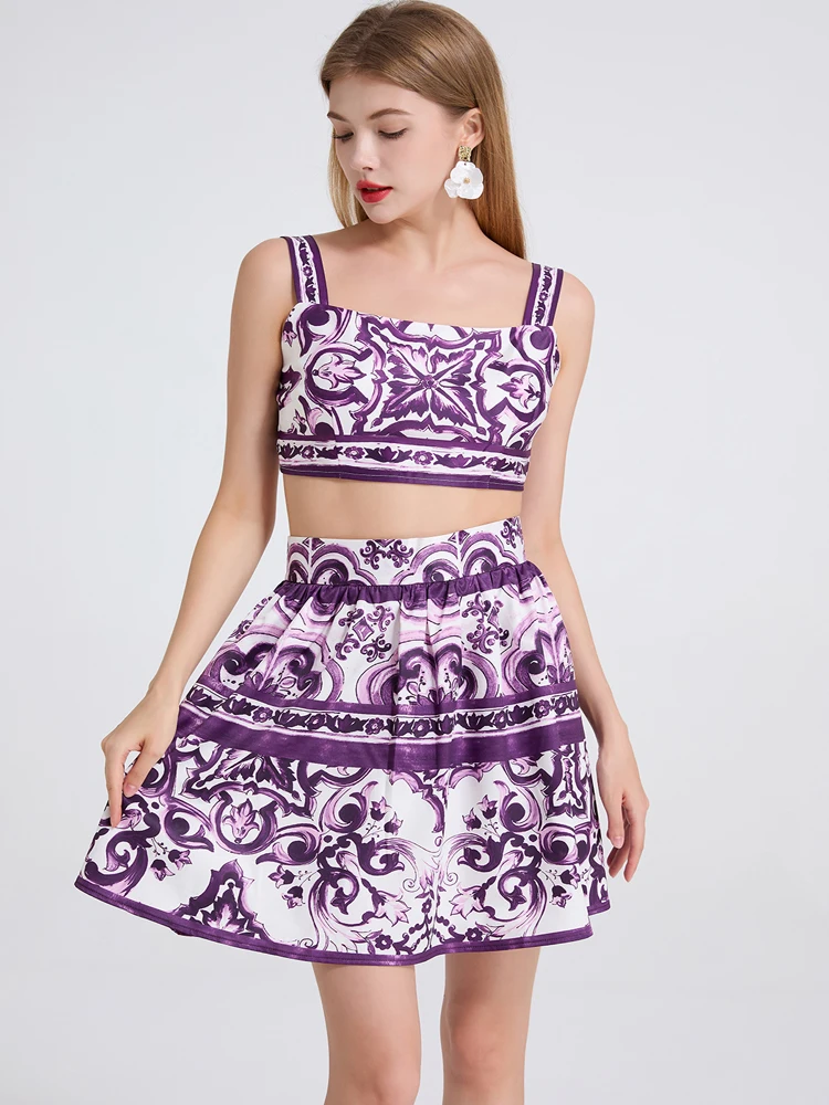 

2025 New Summer Beach Two Piece Set Women Purple Print Sexy Vest Crop Tops + High Waist A-Line Mini Skirts Vacation Suit