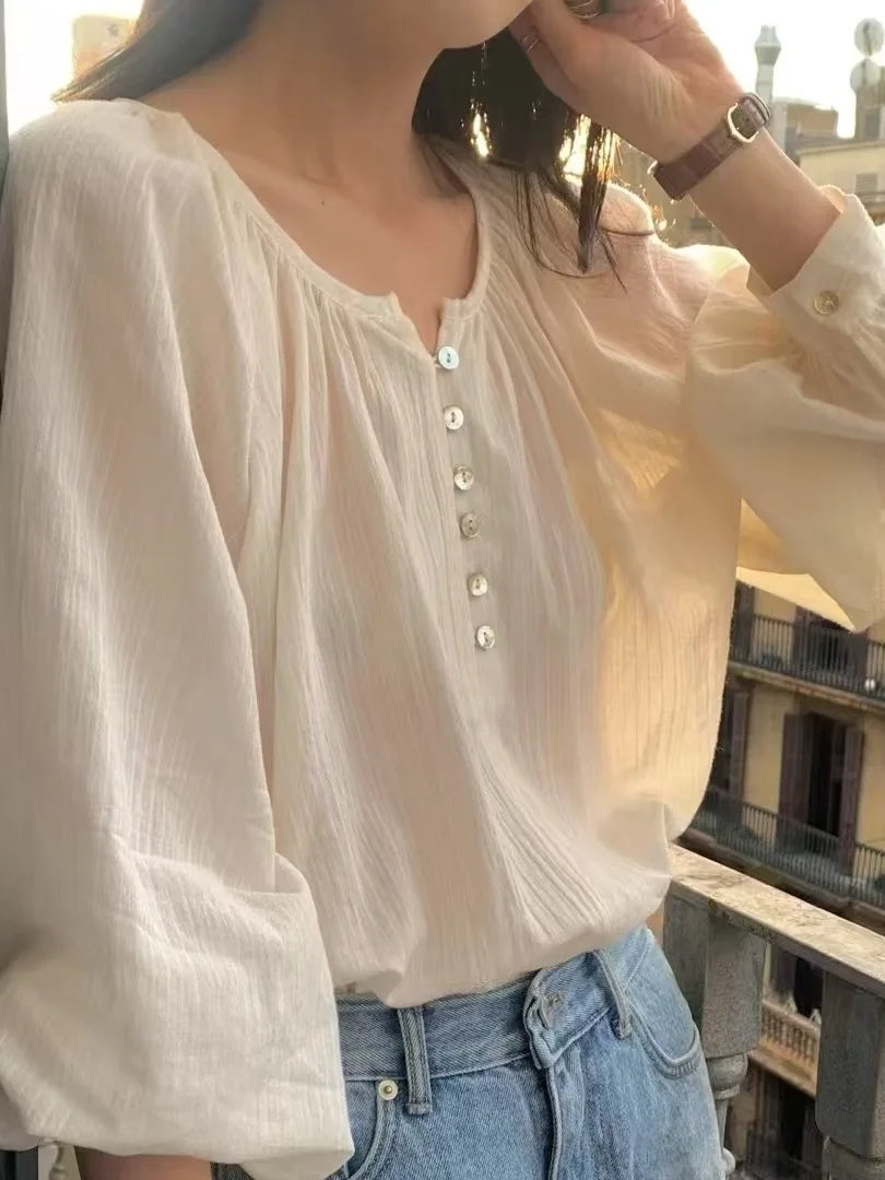 

Стильный женский свободный топ из полиэстера в корейском стиле с круглым вырезом и пуговицами, повседневный, стройнящий