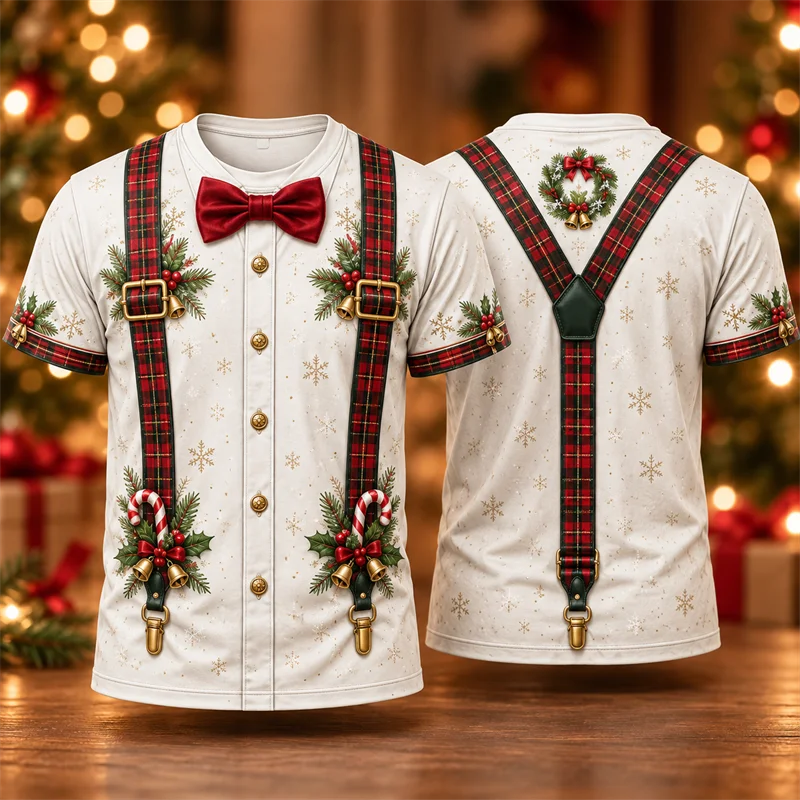 Men Christmas T Shirt 3D Print Funny Suspenders Bow Tie Christmas Tree Train Graphic Short Sleeve Holiday Unisex Clothing