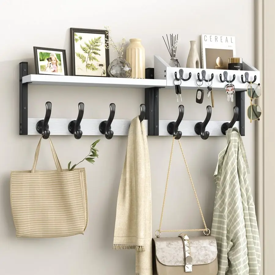 

29 Coat Rack Wall Mount with Shelf, 4 in 1 Coat and Key Hanger with 11 Metal Hooks, Entryway Wall Mounted Shelf with Mail Holder