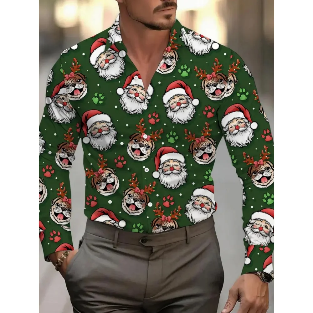 Christmas Men's Long Sleeve Shirt Snowflake 3D Prints Pattern Casual Button Long Sleeve Shirt Casual Red Tops Full Sleeve Shirts
