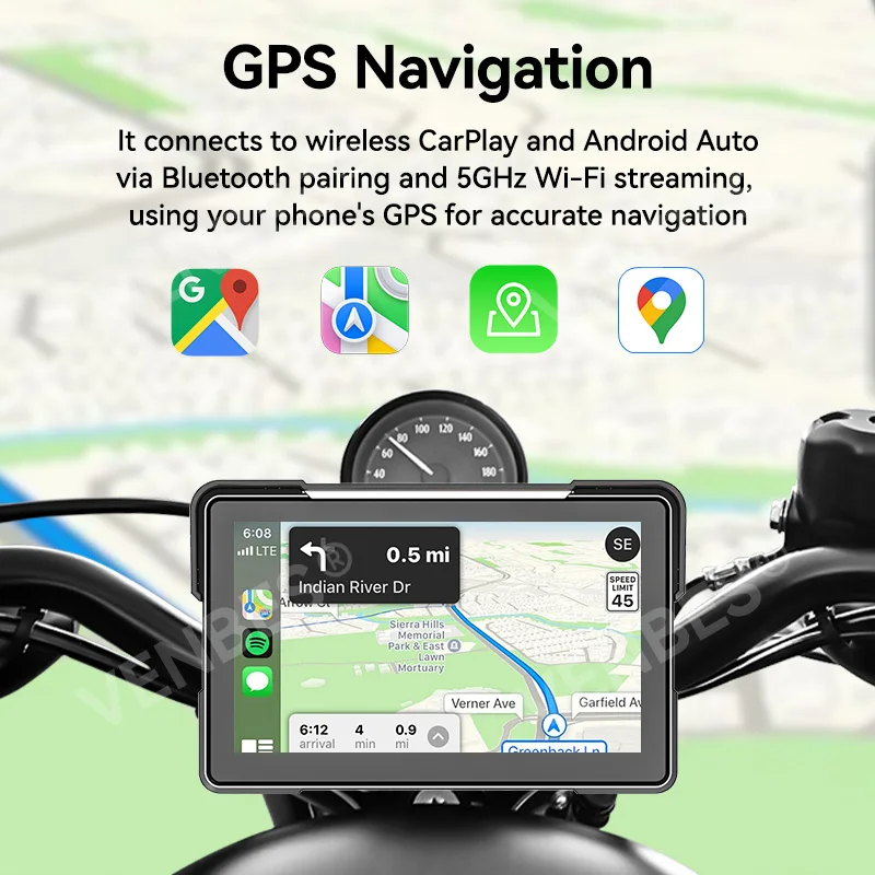VENBES Motorcycle GPS Navigation Wireless Android Auto Carplay 7 Inch Waterproof Bluetooth Daul DVR IPS Touchscreen