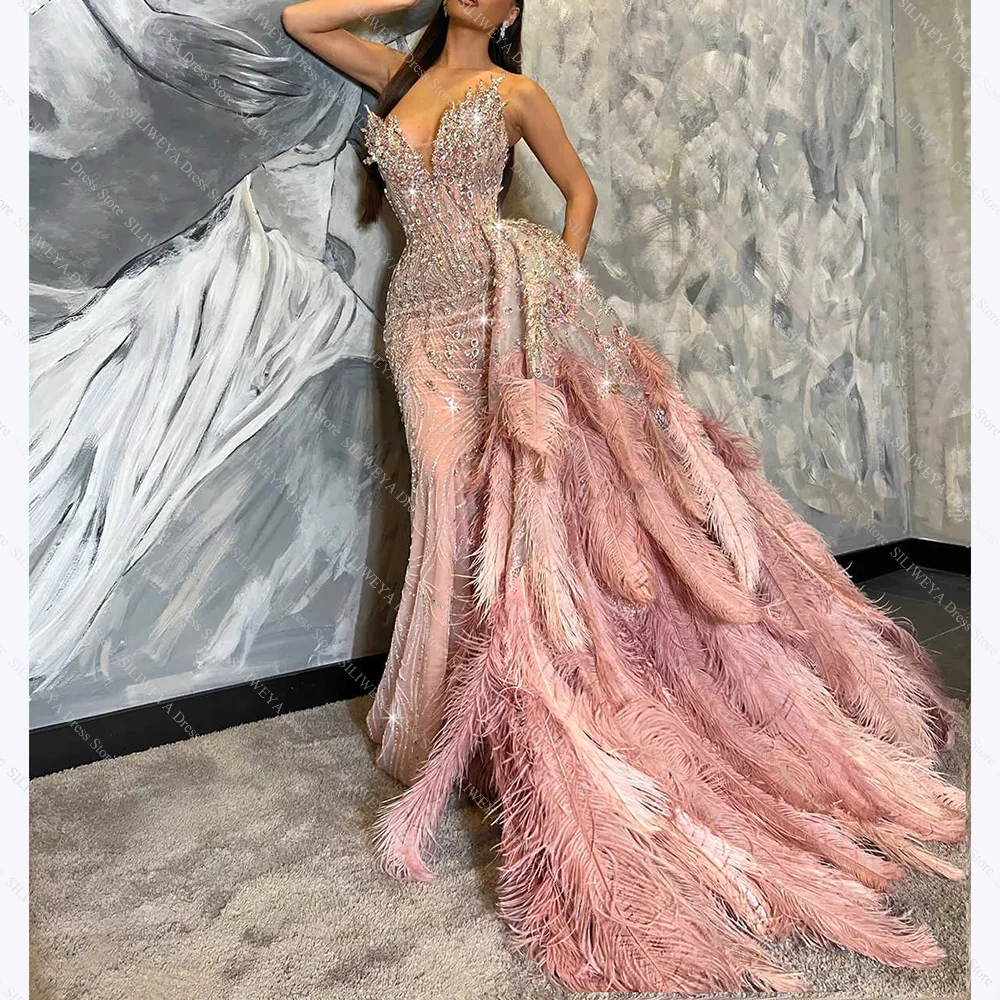 

Gorgeous Mermaid Evening Dresses For Women Fashion V-Neck Shiny Crystal Beading Feather Sweep Train Party Dress Custom Made