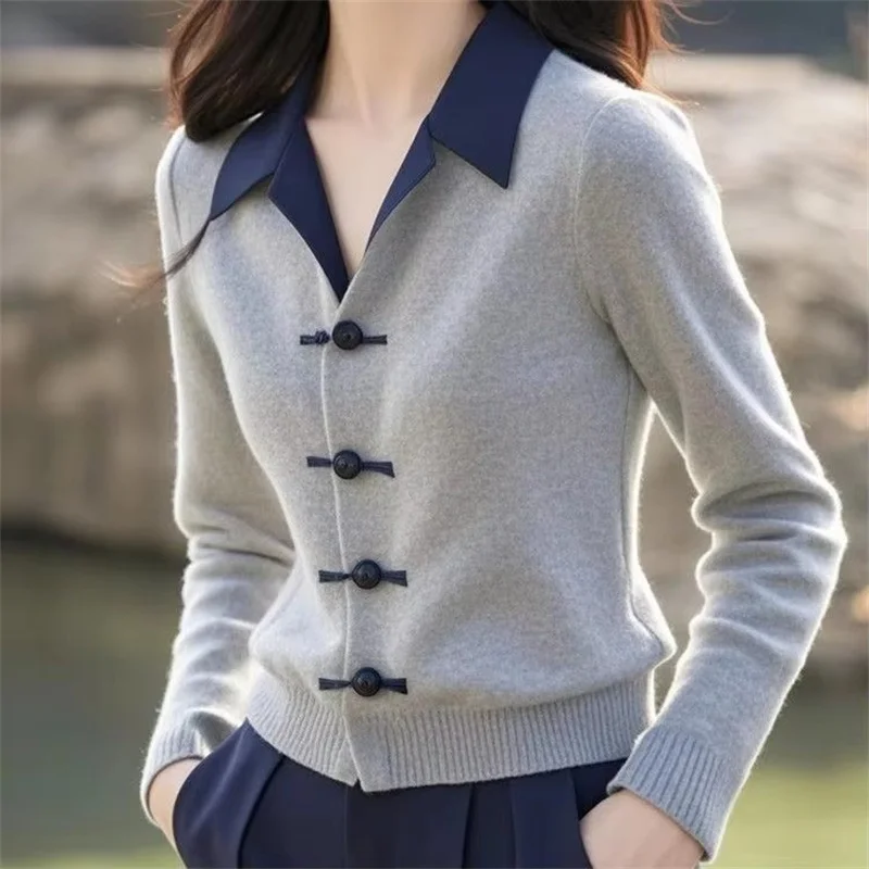 Autumn Winter New Temperament Cardigan Sweater Korean Slim Chinese Button Laper Collor Knitted Cardigan Thin Sweater Jacket