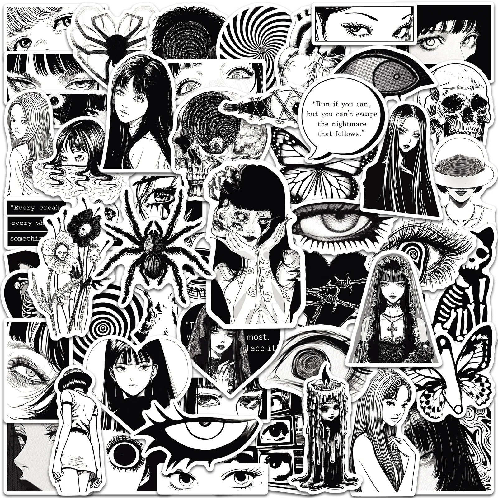 50er-Pack Schwarz-Weiße Anime-Graffiti-Aufkleber Wasserfeste Aufkleber für Skateboards, Handys, Notebooks, Dekorative Schreibwaren