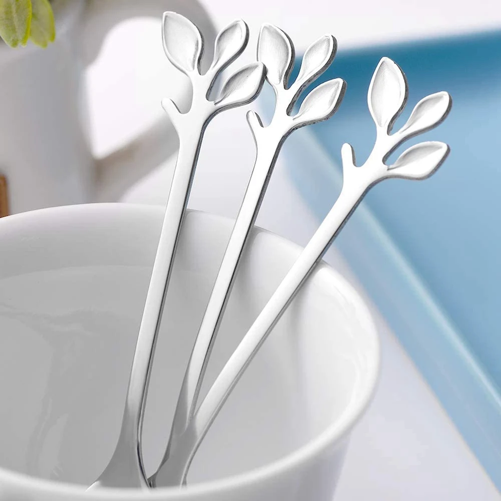 Dessert Spoon Fork Set,20 Pcs 4.7 Inch Cake Fork,Coffee Spoon,Creative Silver Leaf Fruit Fork,(10 Spoon + 10 Fork)