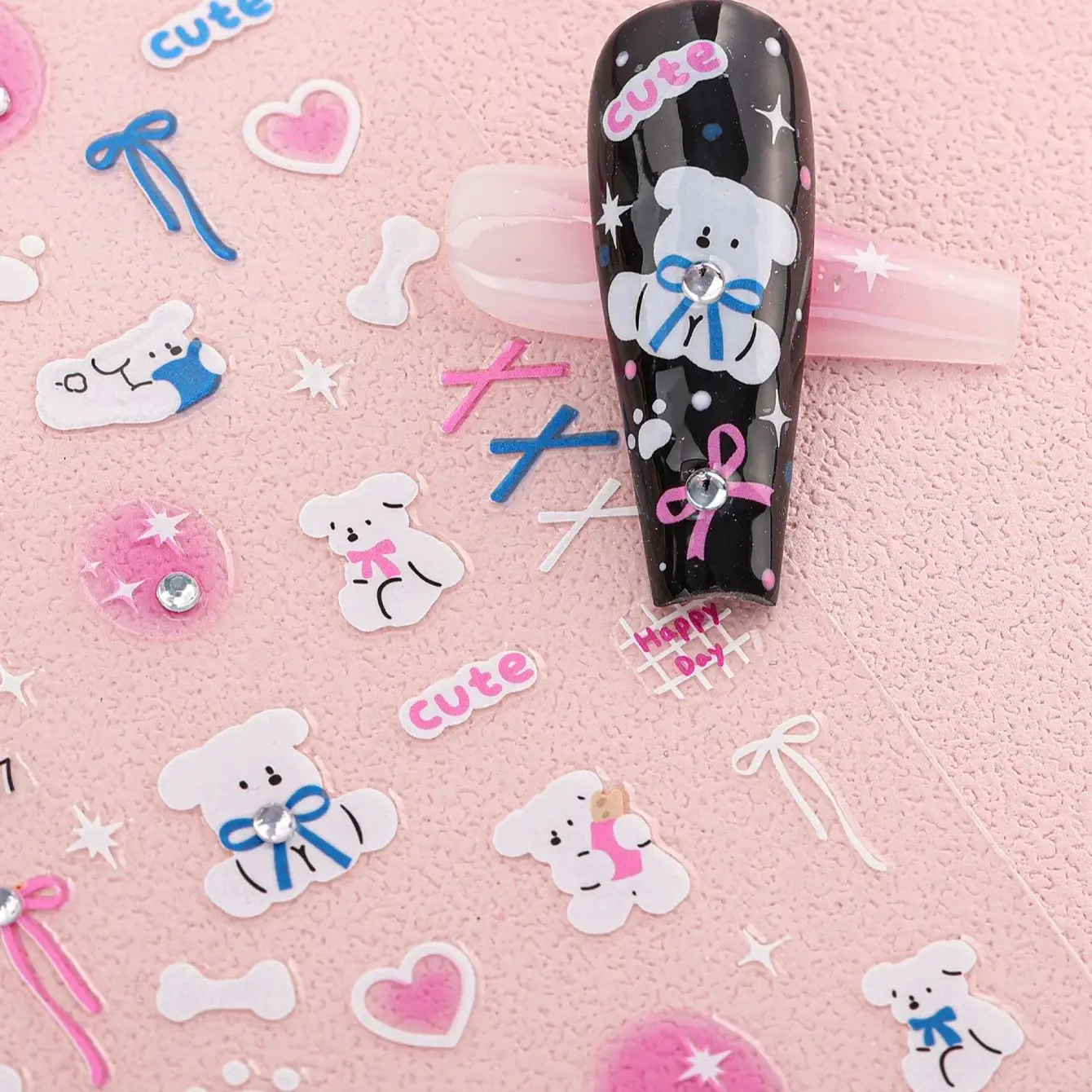 2 ชิ้นการ์ตูนหมีสติกเกอร์เล็บ 5D สัตว์น่ารัก Bowknot หัวใจไรน์สโตนตกแต่งเล็บสติ๊กแมนิคิวร์สติ๊กเกอร์