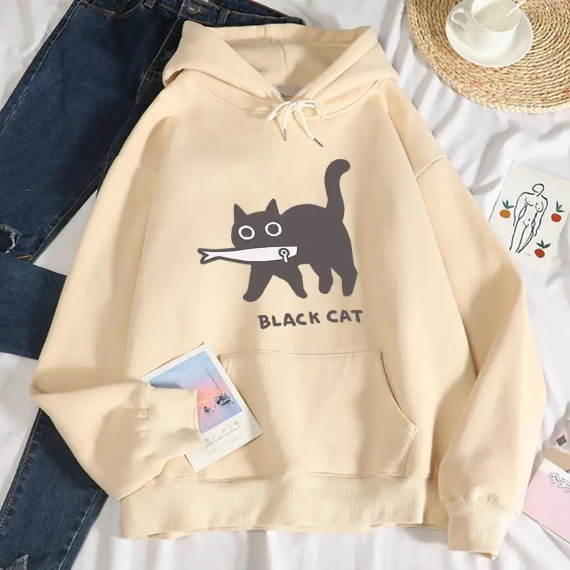 Casual Womens Hoodies Black Cat Eat Fish Printing Sweatshirts Breathable Loose Fleece Warm Pullovers Autumn Winter Streetwear