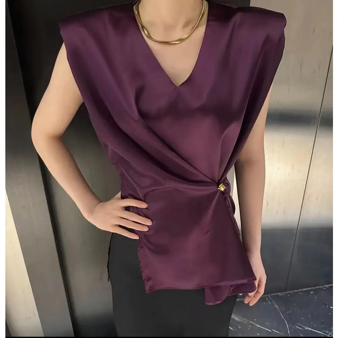

pleated shoulder padded sleeveless top for women in summer, thin, irregular waist cinching, slimming short sleeved T-shirt,