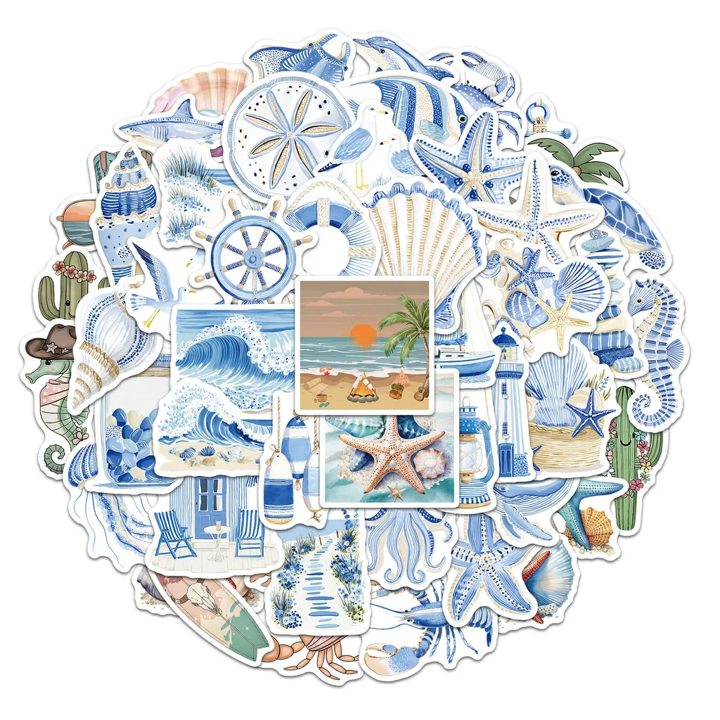 50Pcs Blue Coast Graffiti Waterproof Stickers Creative Ocean Themed Decals For Water Bottle Phone Laptop Decor AnimeWorlds Store