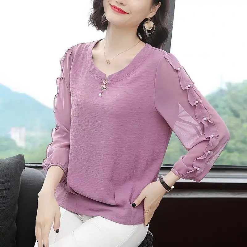 Fashion Elegant Female Ruffles Spliced Beading Chiffon Shirt Spring Summer Women\'s Clothing Korean 3/4 Sleeve Solid Loose Blouse