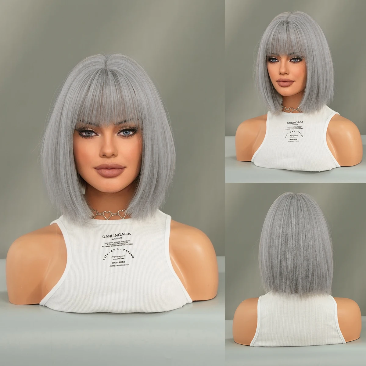 

PARK YUN Short Straight Highlight Beige Ash Bob Wig for Women Daily Party High Density Synthetic Loose Hair Wigs With Bangs