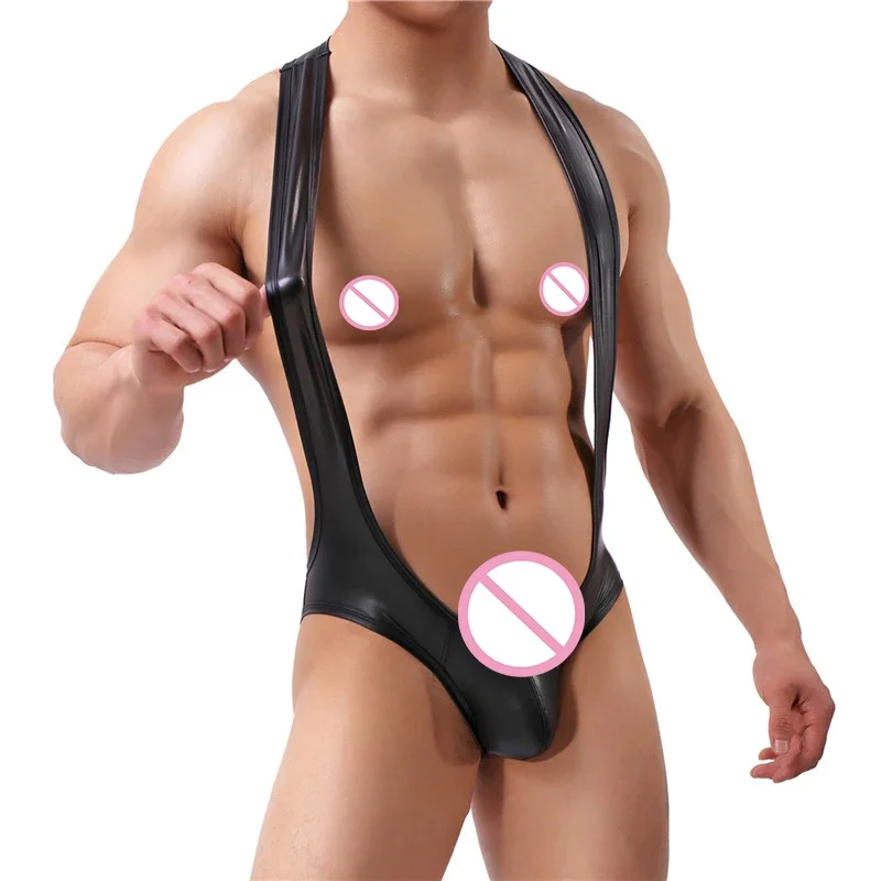 Intimo da uomo Sexy body in pelle PU body monopezzo Clubwear canottiera da Wrestling slip senza schienale Gay tute per pene