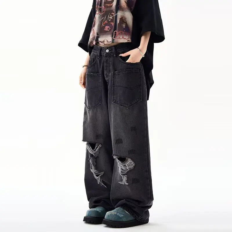 

Women's Black Gothic Casual Jeans Cargo Baggy Y2K Japanese Harajuku Pocket Fashion High Waist Wide Leg Jeans Pants Clothing 2025