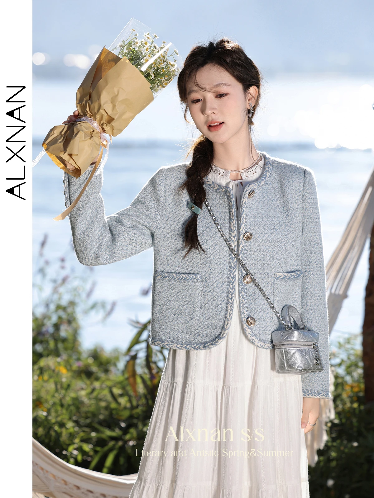 ALXNAN Women's Light Blue Tweed Jacket O-neck Irregular Contrast Color Braided Strap 2024 Autumn Winter Female Overcoat L333103