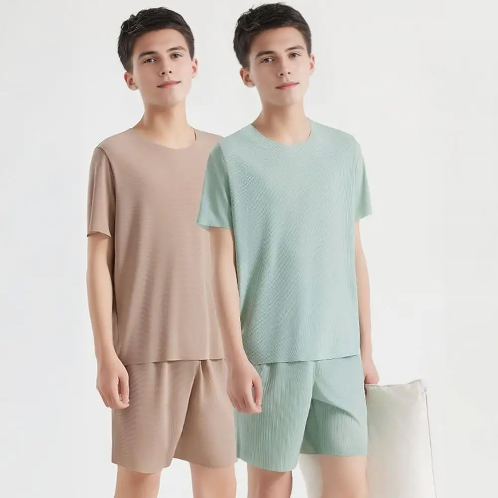 2Pcs/Set Men Pajamas Set Teenager Short Sleeve Tops Elastic Waist Shorts Set Ice Silk Breathable Thin Loungewear Set