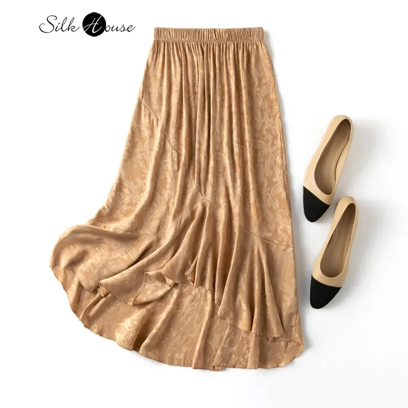 2023 Early Spring New Baroque Silk Jacquard Satin Irregular Ruffle Elastic Waist Large Gold Women's Fashion Skirt