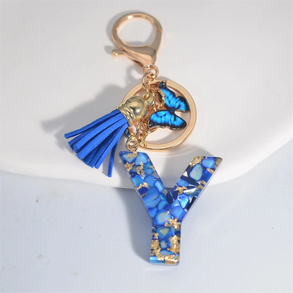 Modischer blauer glasierter Stein, A bis Z, Buchstaben-Schlüsselanhänger, 26 Initialen, Alphabet, Schmetterling, Quaste, Anhänger, Auto-Schlüsselanhänger, Damenschmuck, Geschenke