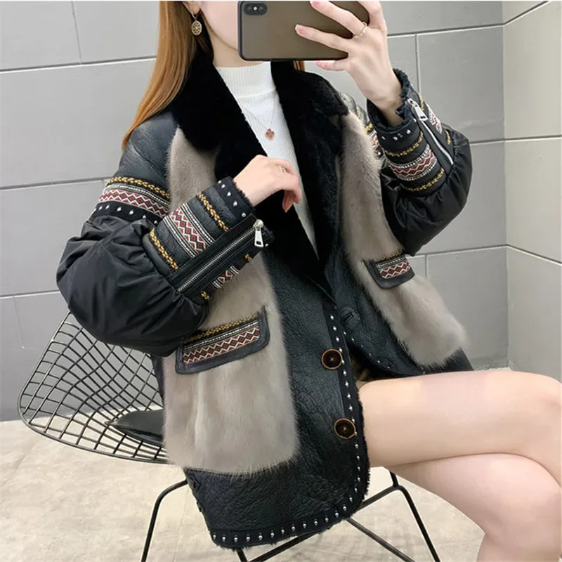 Fashion Mink Fur Coat Women Winter 2024 New Medium To Long Parker Coat Korean Loose Stitching Fur Cotton-Padded Jacket Female