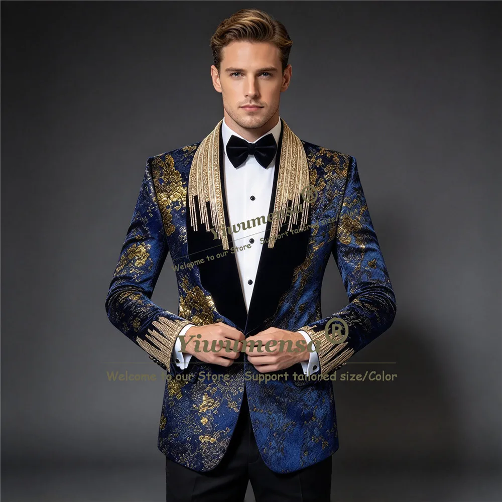 Man Tuxedo Suit For Wedding Designer Beaded Stones Velvet Floral Pattern Prom Blazer With Black Pants 2 PCS Groom Dinner Outfit