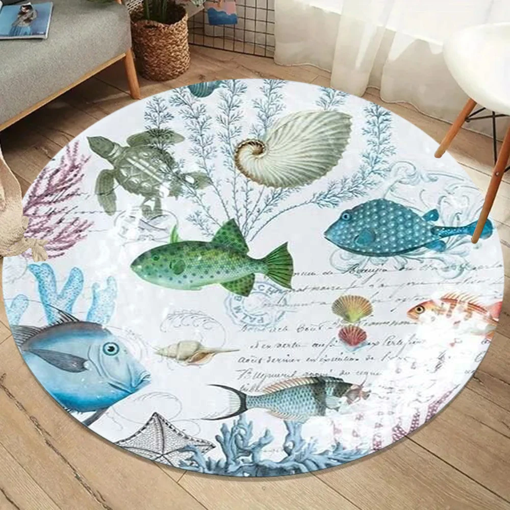 Marine Theme 3D Round Rug Living Room Bedroom Carpet Seaside Pattern Soft Durable Home Decor Nautical Stylish Styles