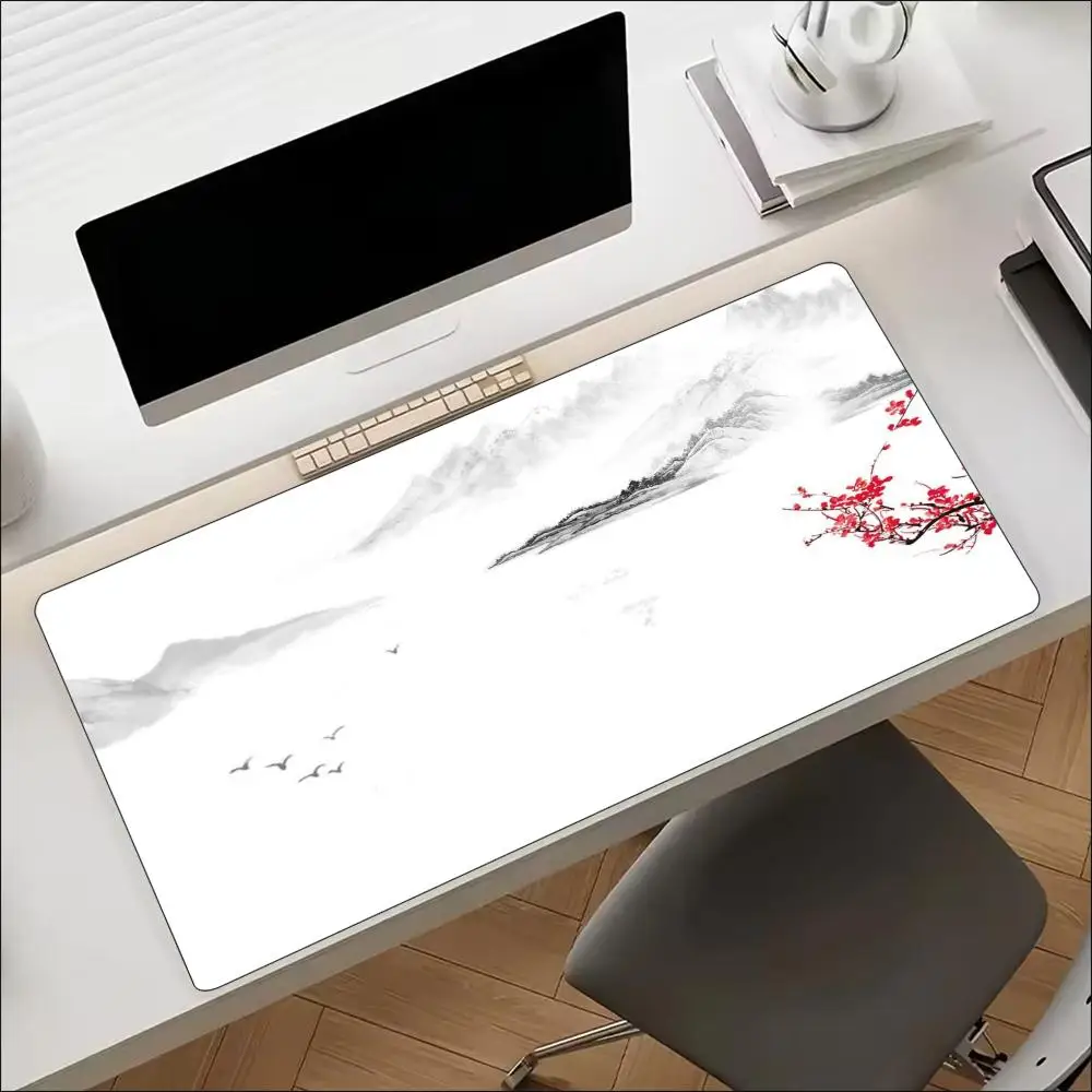 Chinese Ink Painting Plum Blossom XXL Mouse Pad Non Slip Rubber Base HD Print Oversized Desk Mat for Oriental Desktop Mat