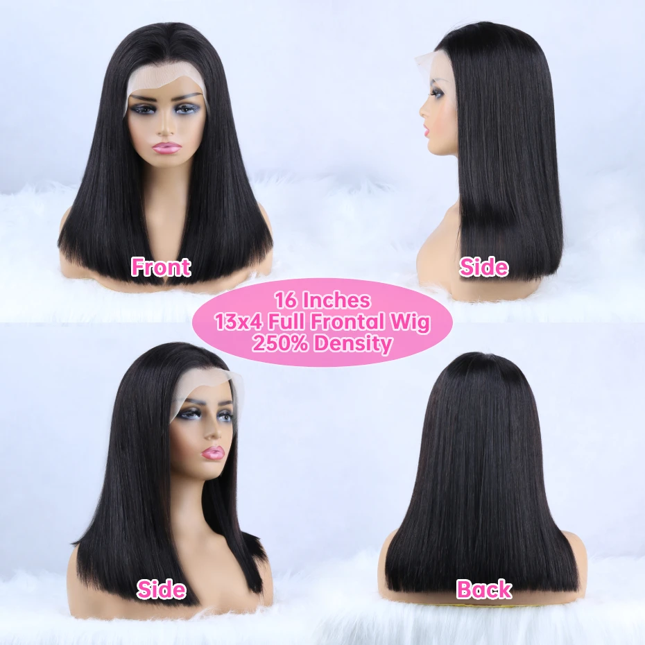 Raw Vietnamese SDD Blunt Cut Bone Straight Short Bob Wig 13x4 Lace Front Human Hair Wigs Transparent Lace Frontal Wig SDD Double Drawn Pre Plucked Silky Straight 1B Natural Colored 100% Human Hair Lac image 5
