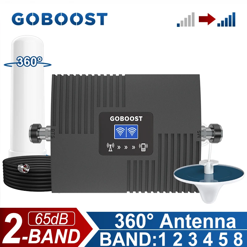 GOBOOST-Repetidor de rede móvel, impulsionador de sinal, amplificador celular, kit de antena 360 °, 2 bandas, 850, 1900, 1700, 1800, 2100, 2G, 3G, 4G