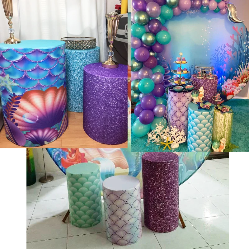 Purple Cylinder Covers Party Decorations Plinth Pedestal Cover Mermaid Baby Shower Birthday Desserts Tablecloth Stretch Cloth