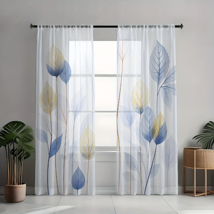 2PCS Digital Print Sheer Curtain, Gradient Blue Gold Branch Leaf, Boho Chic Window Curtains for Living Room Bedroom Decor