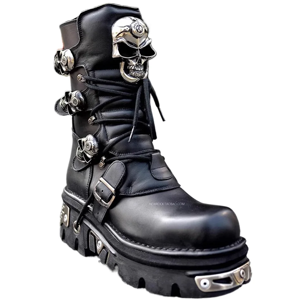 

Fashion Genuine Leather Motorcycle Boots Design New Unisex Silver Skull Devil Goth Men Punk Metallic Buckle Western Combat Boots