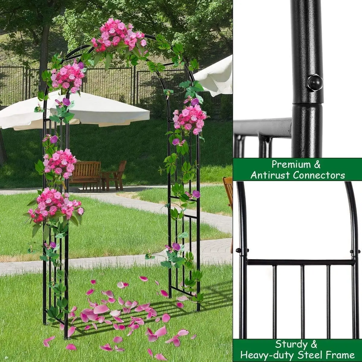 Treliça de arco de jardim Moccha, mandril de aço externo de 7,2 pés com estacas, arco de metal para plantas de escalada, ampla, resistente e durável