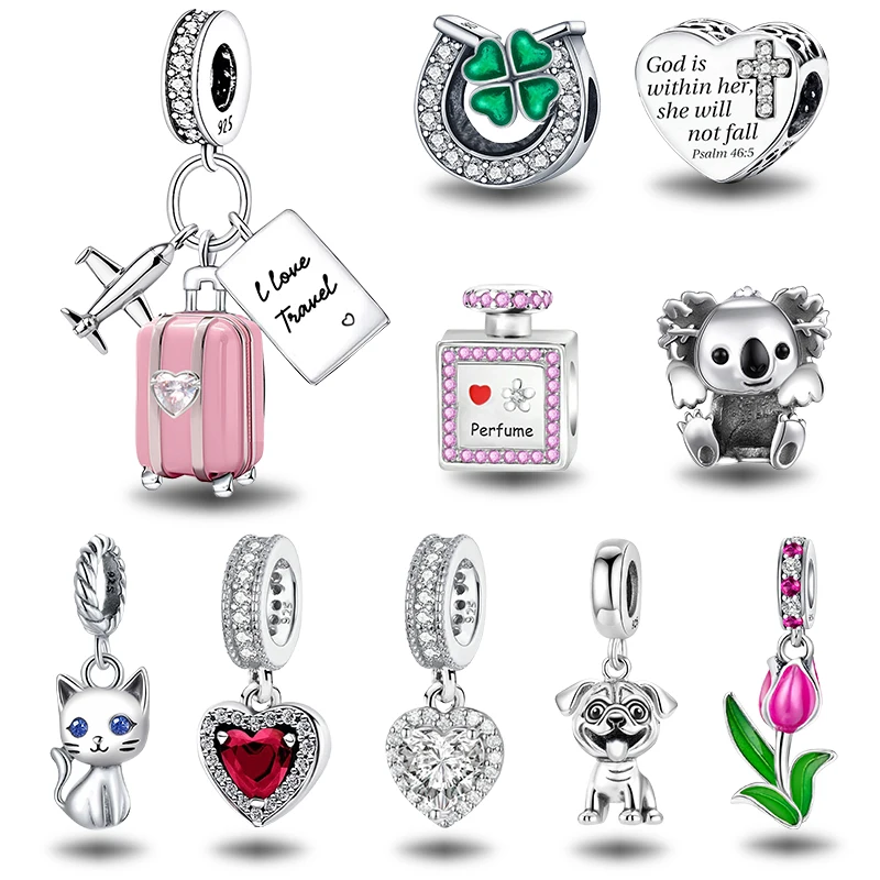 925 Sterling Silver  Suitcase Animals Love Heart Bead Safety Chain Fit Pandora Bracelet Charms Beads For Women DIY Jewelry