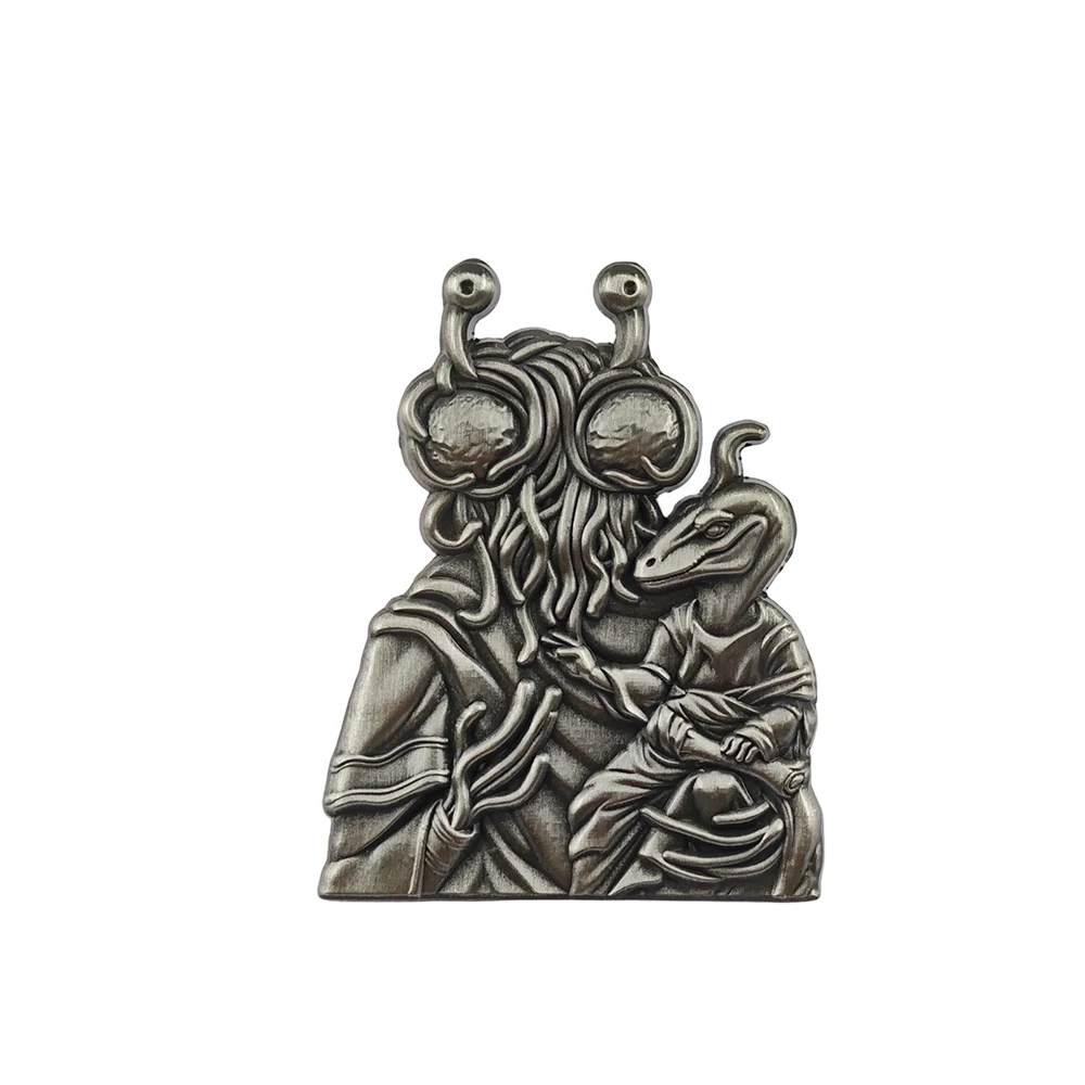 Flying Spaghetti Monster Metallbrosche, lustiges FSM-Logo, Anstecknadel, Parodie, Dinosaurier, Madonna, Kind, Atheist, Geschenk für Wissenschaftsfans, Taschenanhänger – Detail 5