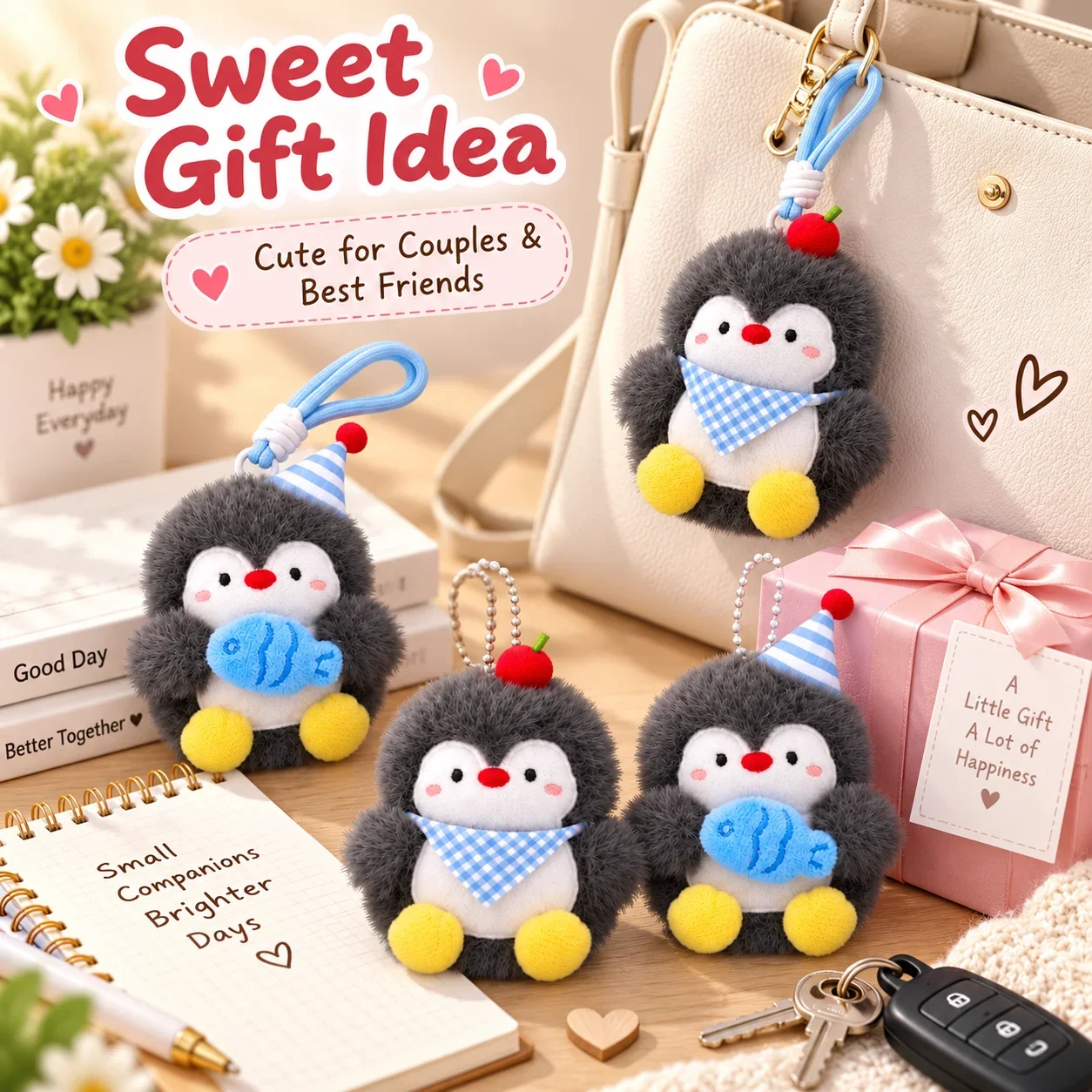 Cute Plush Penguin Keychain, Kawaii Backpack Pendant for Couples and Friends, Soft Doll Key Ring
