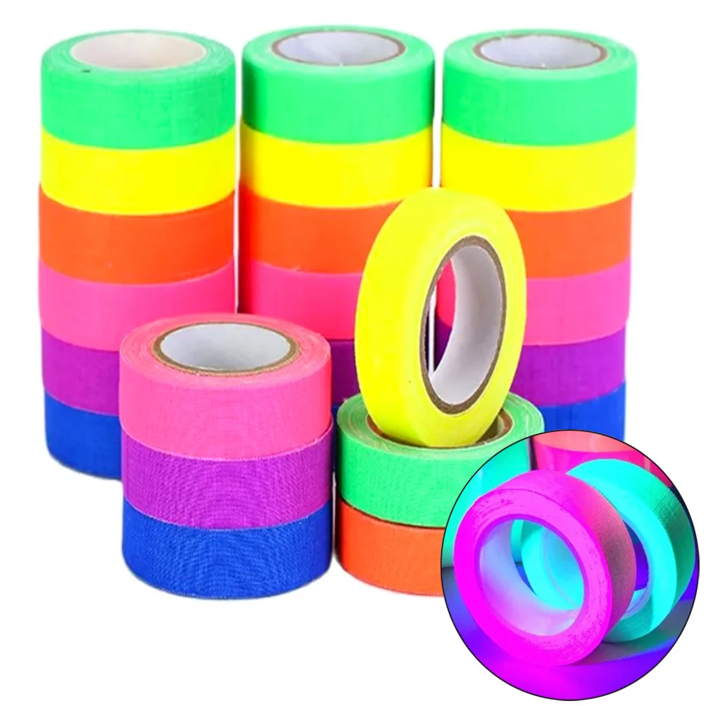 5pcs Sets UV Cotton Glow in The Dark Neon Gaffer Tape Self-Adhesive Fluorescent Floors Multicolored Easy Removed Wall Room Decor
