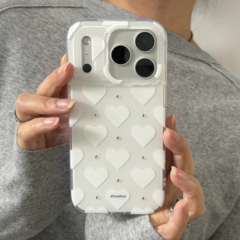 

Ins Glitter Rhinestone White Love Heart Phone Case For iPhone 13 14 15 16 17 Pro Max IMD TPU Shockproof Back Cover