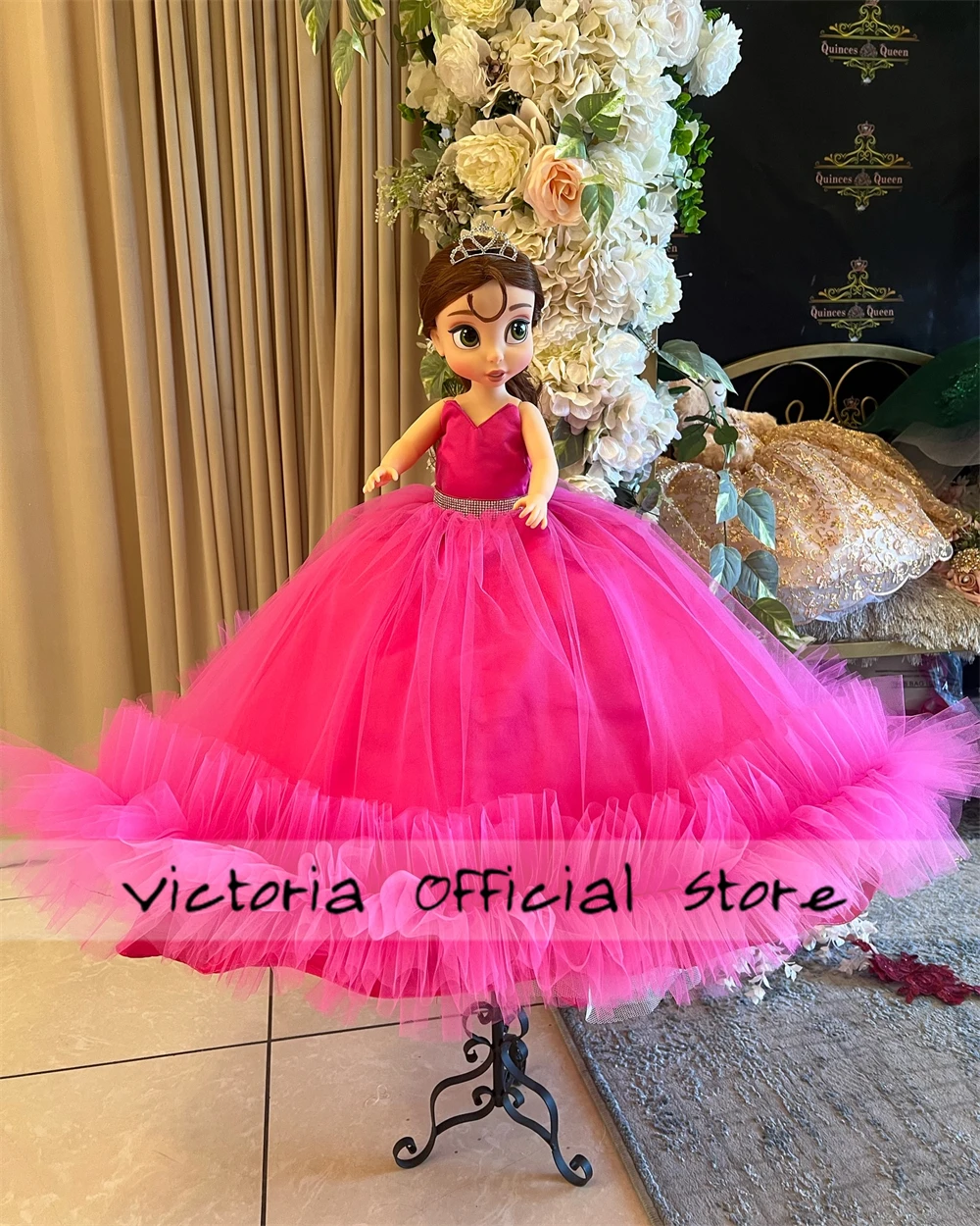 Hot Pink Ruched Spaghetti Personalized Quinceanera Doll Dresses Teddy Bear Dress Doll Dress Sweetheart Crystals Beads vestidos