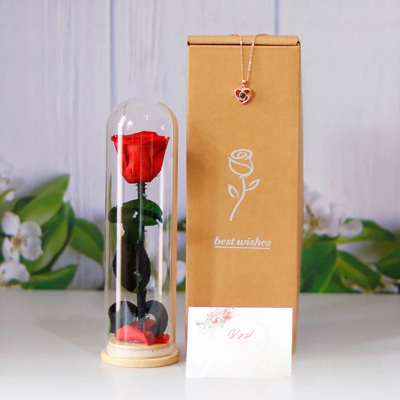 Everlasting Flower Single Rose Glass Covered Arrangement Mother's Day Christmas Valentine's Day Gift for Mom and Friends