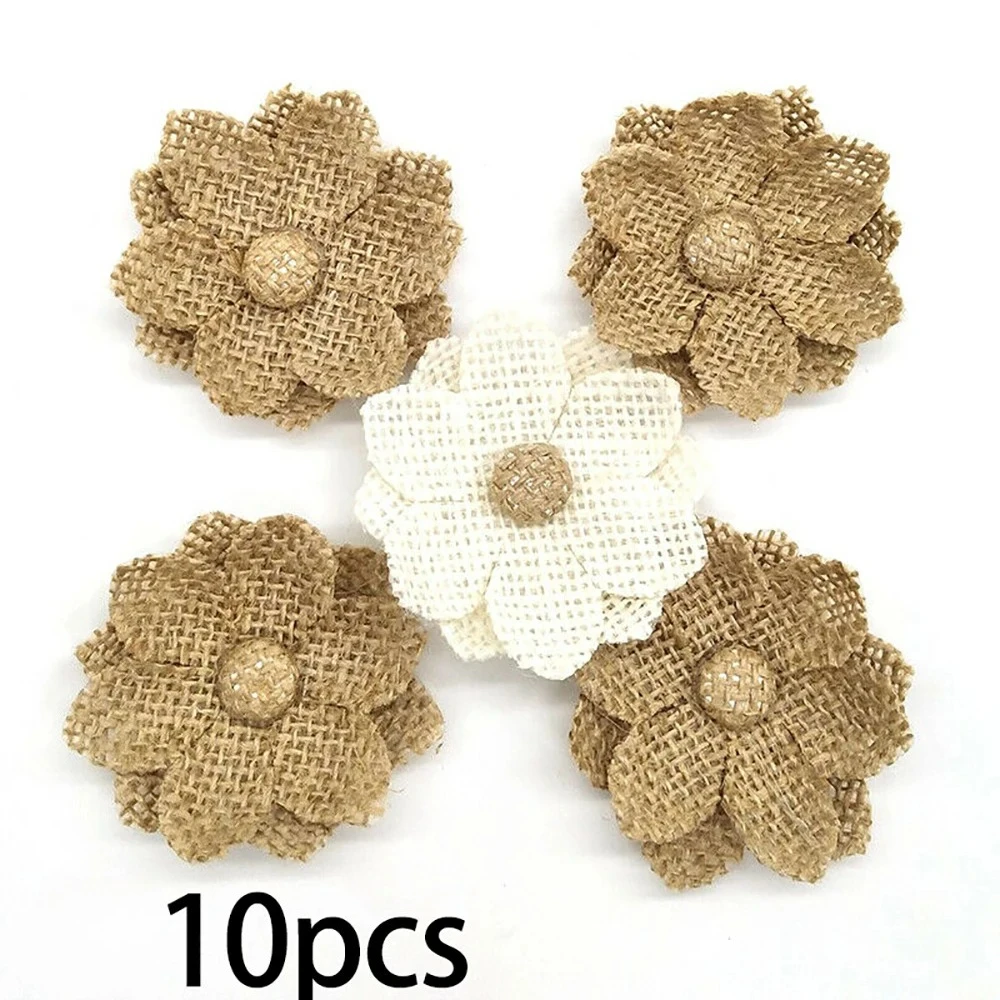 10 Uds. De flores de arpillera de yute Natural hechas a mano, suministros para manualidades DIY, recuerdo Vintage, decoración rústica para boda, 6cm