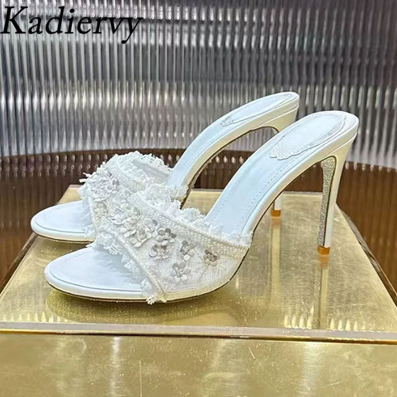 

Summer Slippers Woman High Heels Pearl Flower Party Dress Shoes Woman Mesh Lace Slides Peep Toe Thin Heels Sandals Women