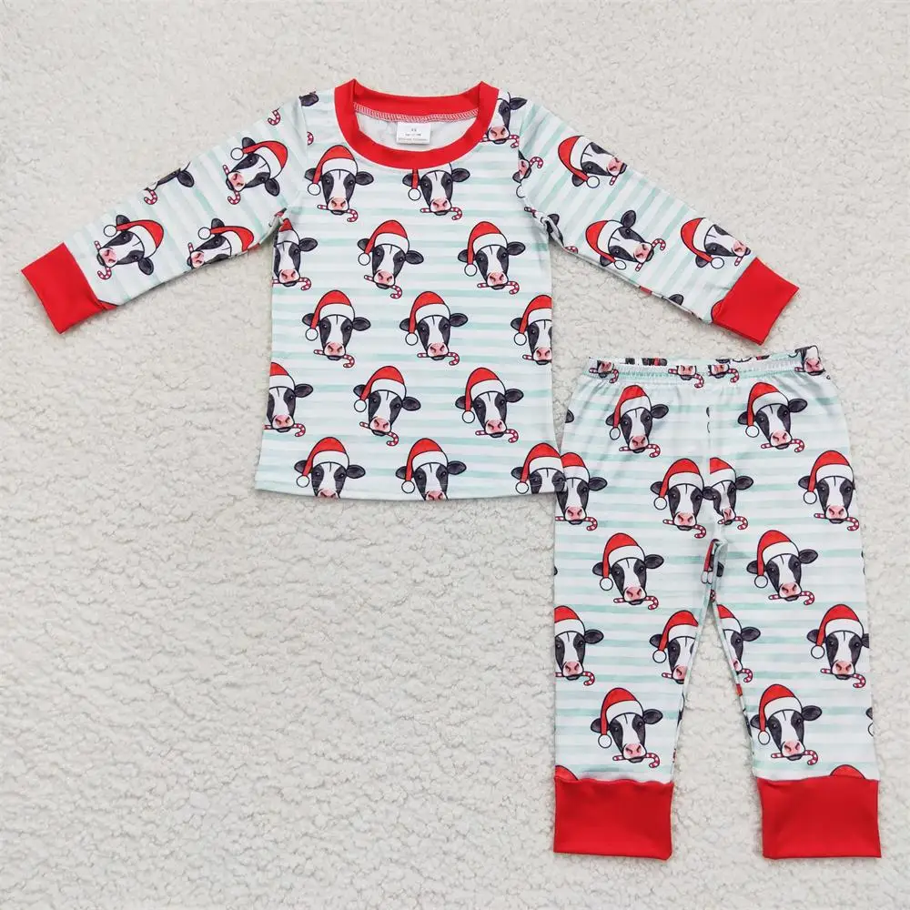 Wholesale Children Christmas Cow Stripes Set  Western Baby Boy Long Sleeves Shirts Kids Pants Toddler Outfit Pajamas Sleepwear