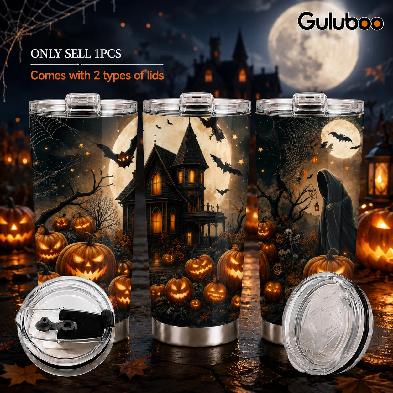 Halloween Haunted House Vacuum Flasks 20oz Stainless Steel Travel Mug with 2 Lids & Reusable Straw Vacuum Insulated Coffee Cup