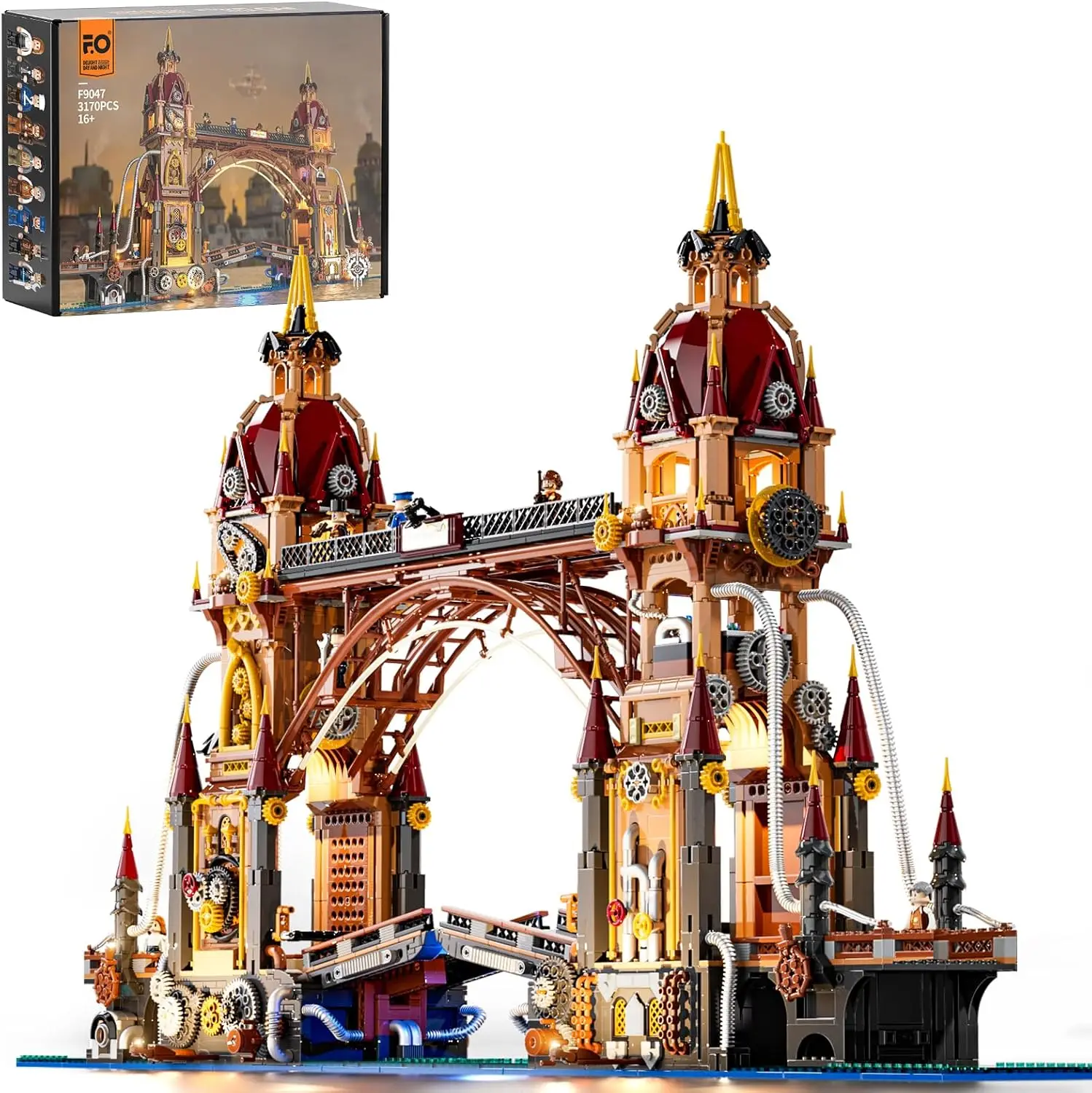 

FUNWHOLE 3170 Pcs Steampunk City Bridge Lighting Building-Bricks Set Tower and Movable Bridge Architecture Model With Color Box