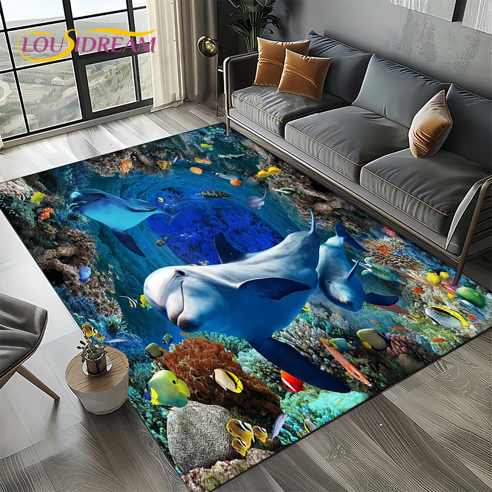 Underwater World 3D Illusion Seabed Cartoon Shark Dolphin Carpet Rug for Living Room Bedroom Home Sofa Decoration,Floor Mat Kid