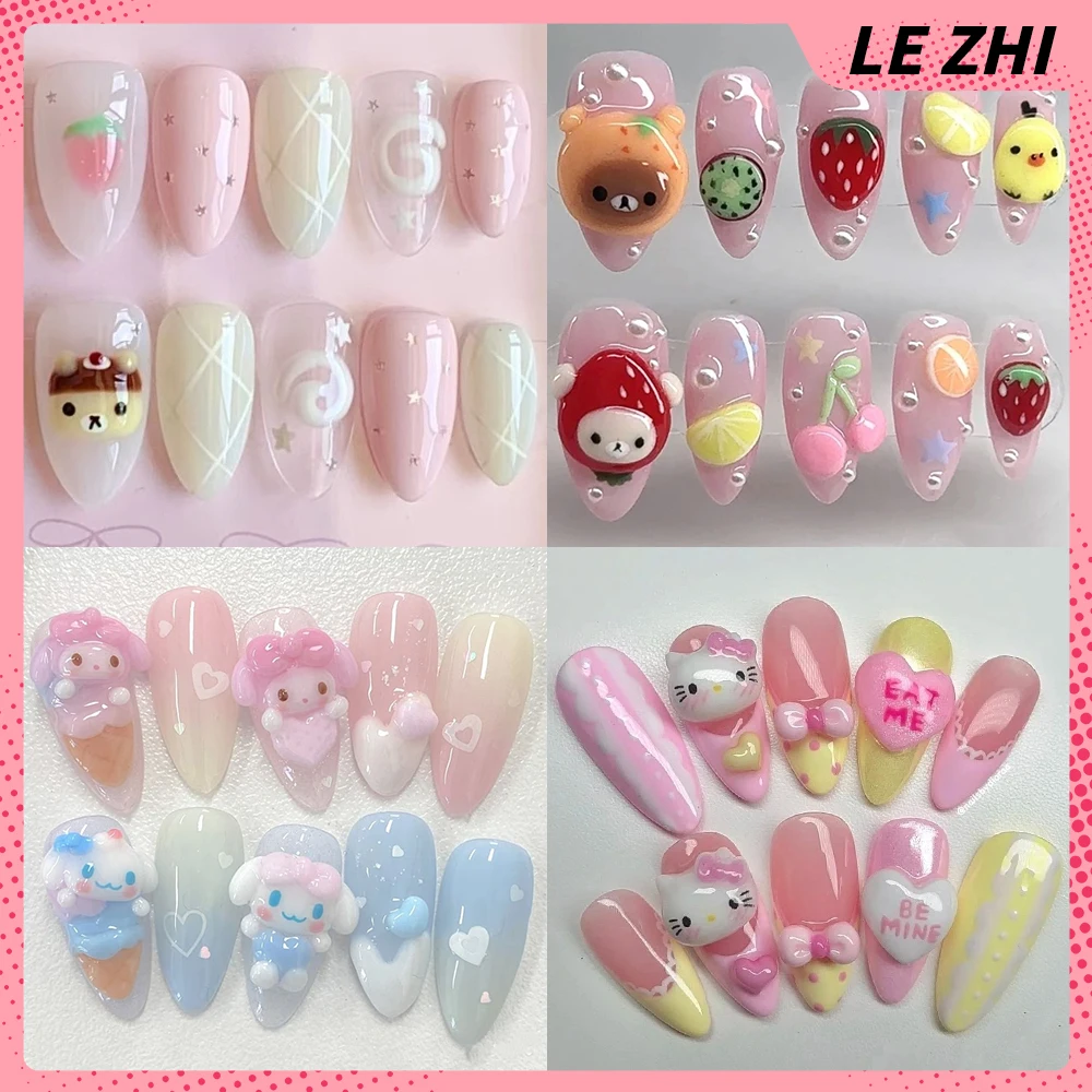 

10Pcs Cartoon Kawaii Rilakkuma Handmande Press On Fake Nails 3D Hello Kitty My Melody Bow Love Strawberry Nail Party Sticker