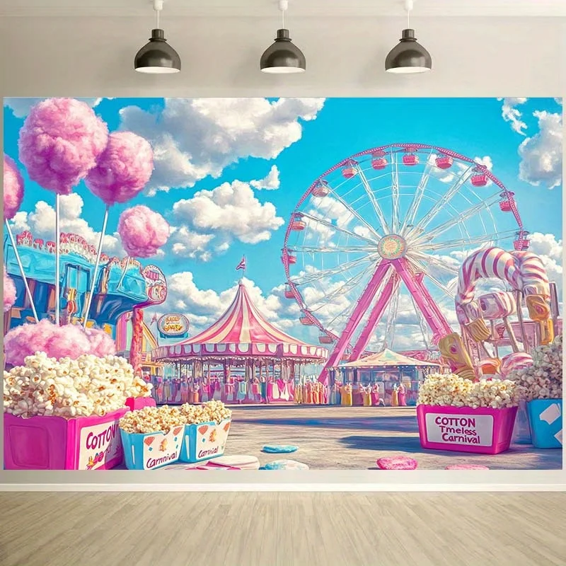 2D flat banner, 1 piece, amusement park theme background fabric, blue sky, white clouds, Ferris wheel, yzb