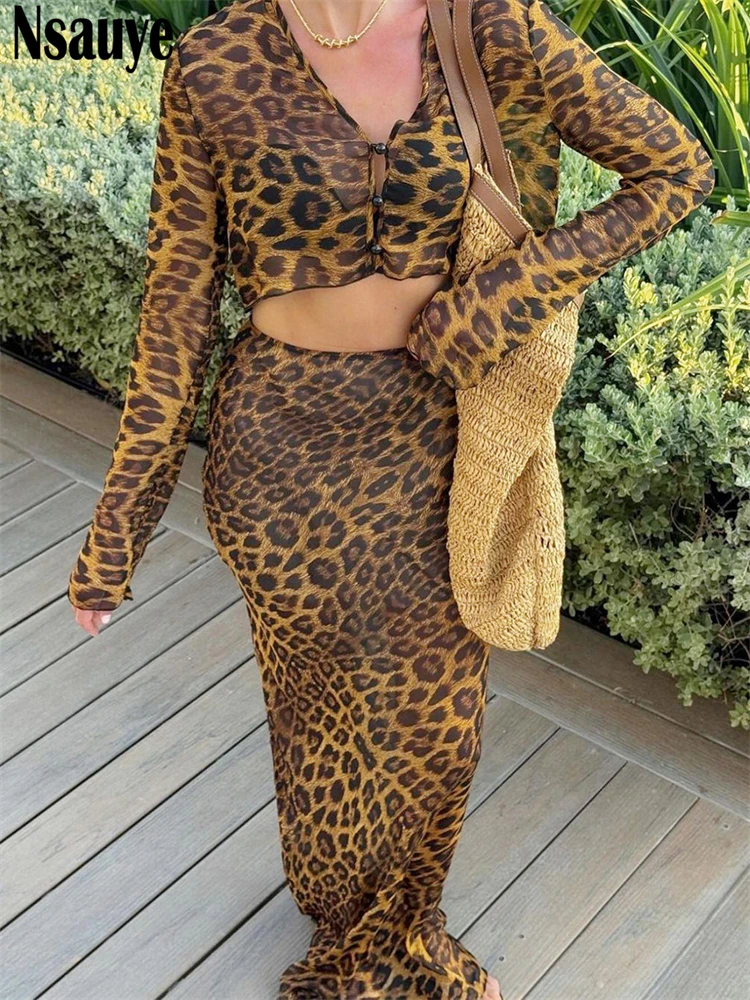 Nsauye Sexy Women Leopard Mesh Long Sleeve Beach Summer Tops Fashion Party Club Long Skirt Dress Two Piece Matching Set 2024