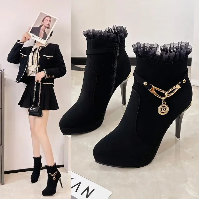 2024 Fashion Women's Shoes Side Zip Women's Boots Winter Pointed Toe Solid Sexy Dress Short Barrel Stilettos or Thin Heels Boots